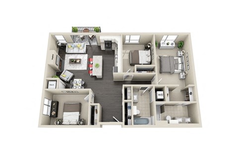 Floor plan for 3 beds, 2 baths, 1254 sqft